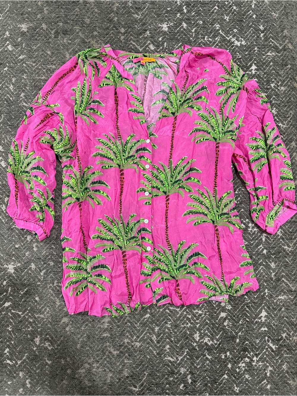 Vilagallo Pink Palm Tree Tropical Button Blouse Size 46 US 12 L